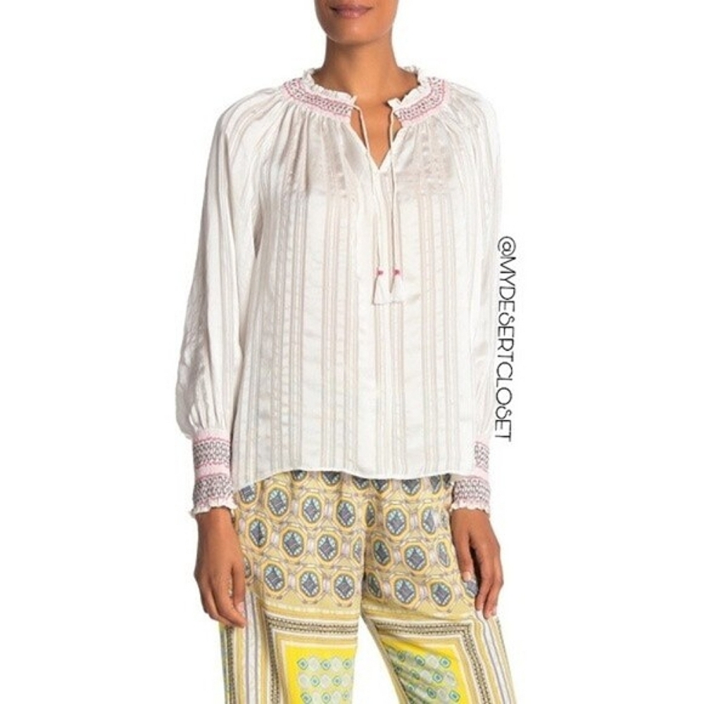 Johnny Was Folk Smock White Silk Embroidered Tassel Bohemian Peasant Blouse NWT